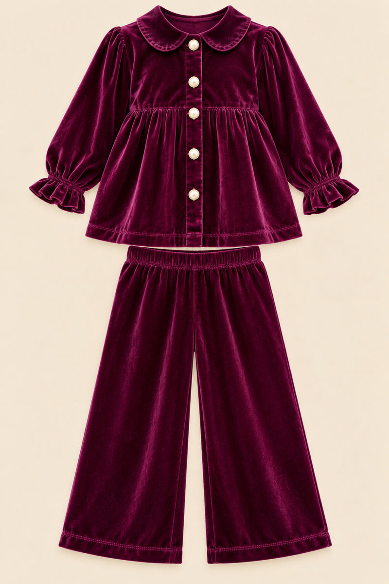 Girls Velvet Co-ord Set - Margenta