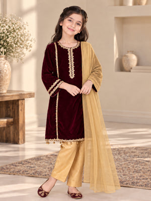 Girls Maroon Velvet Kurta Suit - 3pc