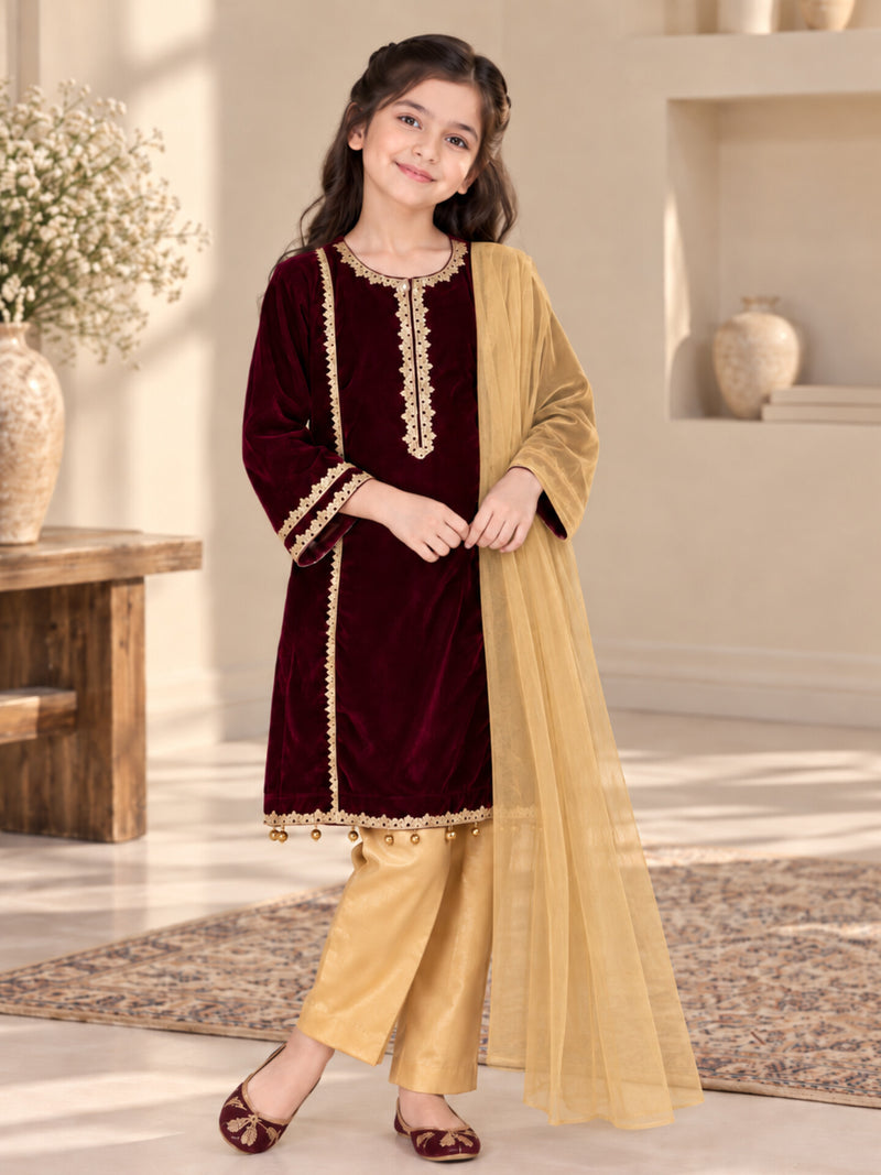 Girls Maroon Velvet Kurta Suit - 3pc
