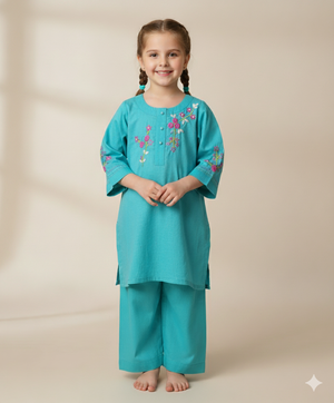 Girls Khaddar Floral Hand Embrioded Co-ord Set 2pc - Skyblue