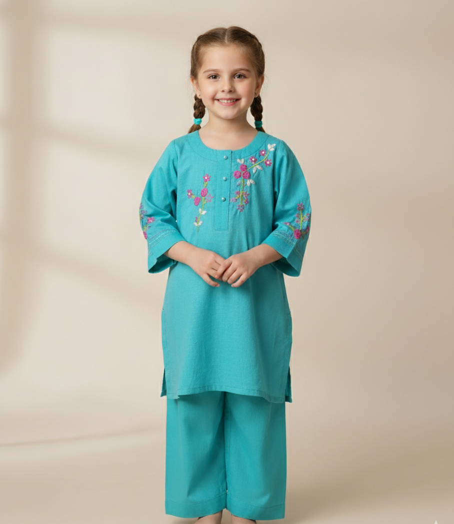 Girls Khaddar Floral Hand Embrioded Co-ord Set 2pc - Skyblue