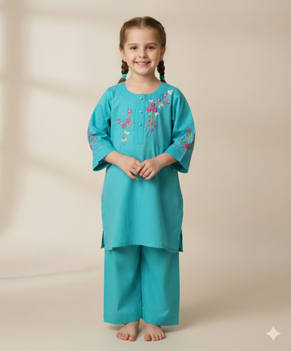 Girls Khaddar Floral Hand Embrioded Co-ord Set 2pc - Skyblue