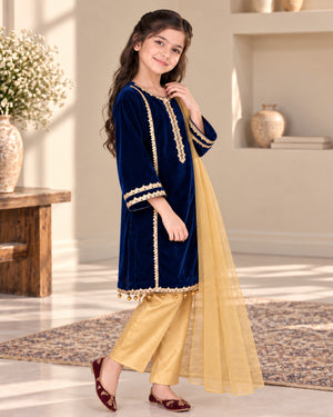 Girls Navyblue Velvet Kurta Suit - 3pc