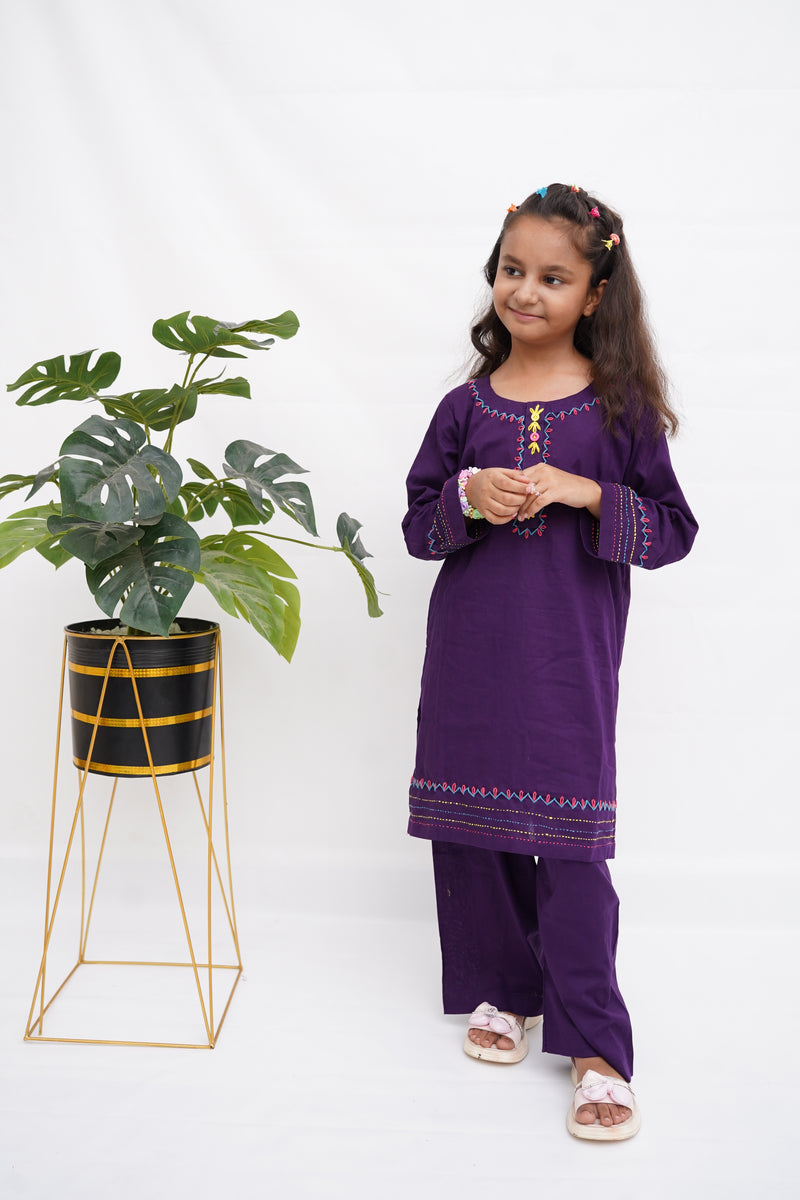 Girls Hand Embrioded Co-ord  Set - Voilet