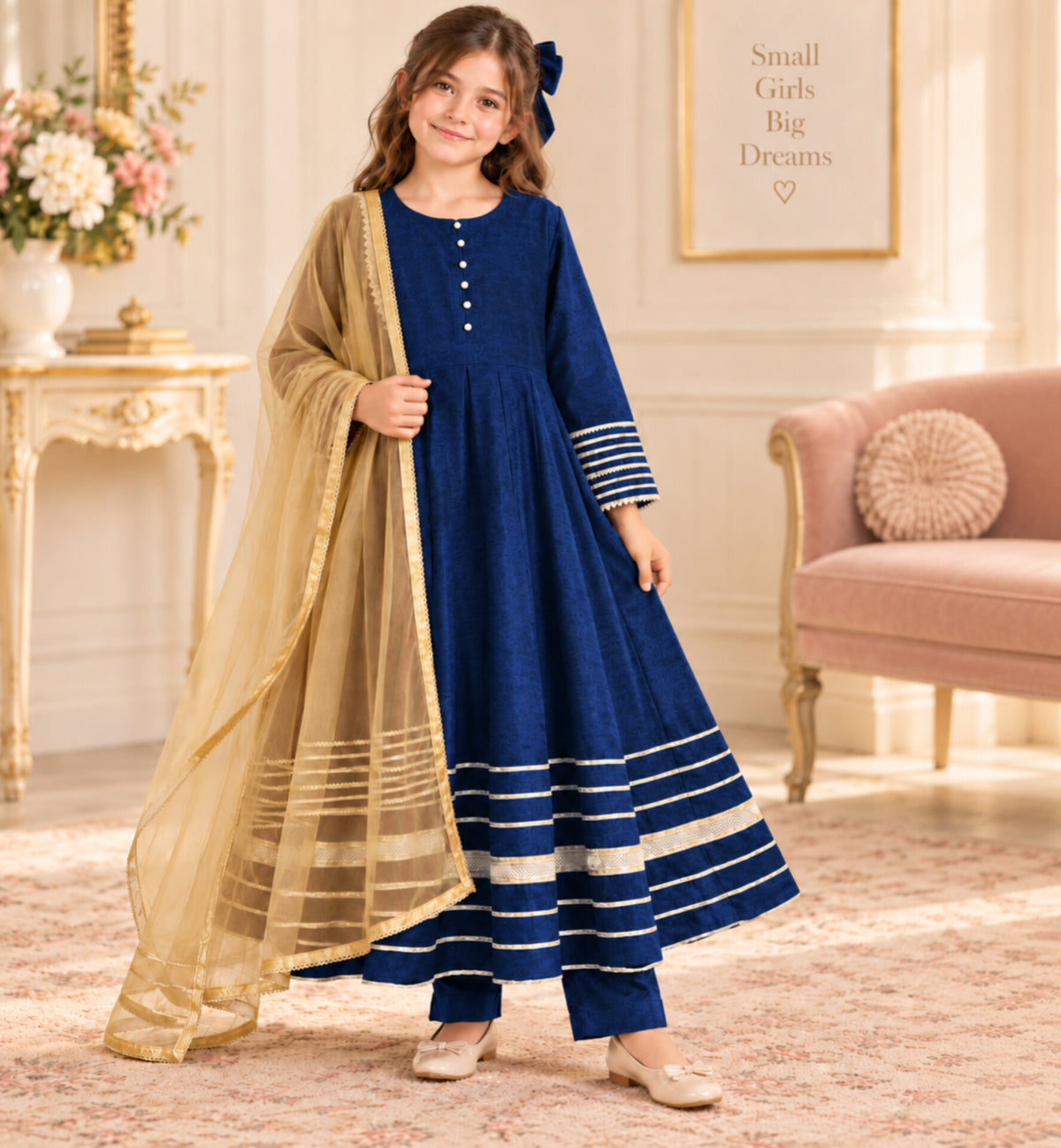 Girls Raw Silk Frock Suit - Navy Blue