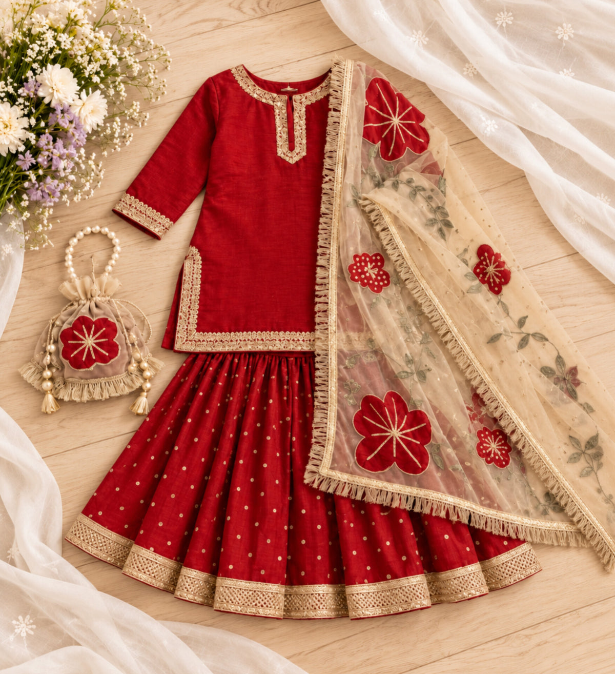 Girls Sequence work Gharara Suit - Red