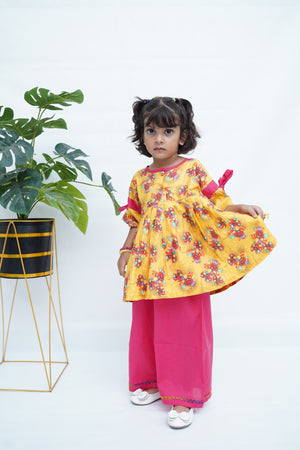 Girls Printed Flower Frock Set - Yellow