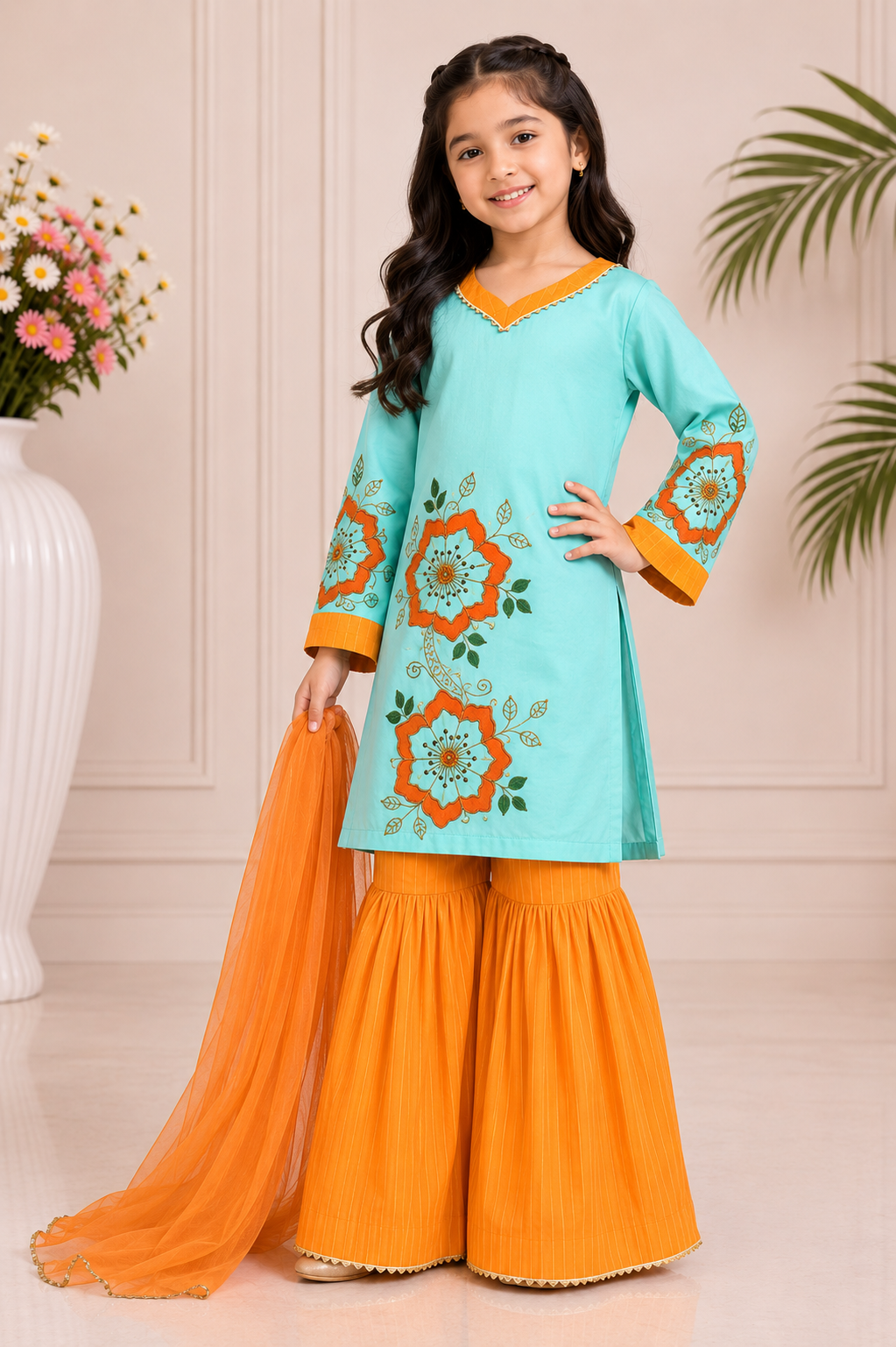 Girls Floral Painted Gharara Set - 3pc