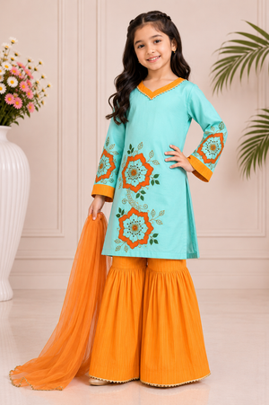 Girls Floral Painted Gharara Set - 3pc