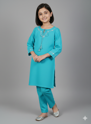 Girls Khaddar Hand Embroided Suit 2pc - Skyblue
