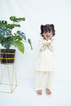 Girls Hand Embrioded Co-ord Set - Lemon