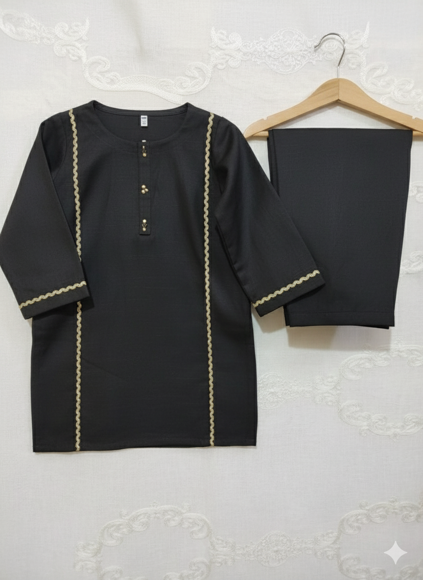 Girls Khaddar Solid Embellished Suit 2pc - Black