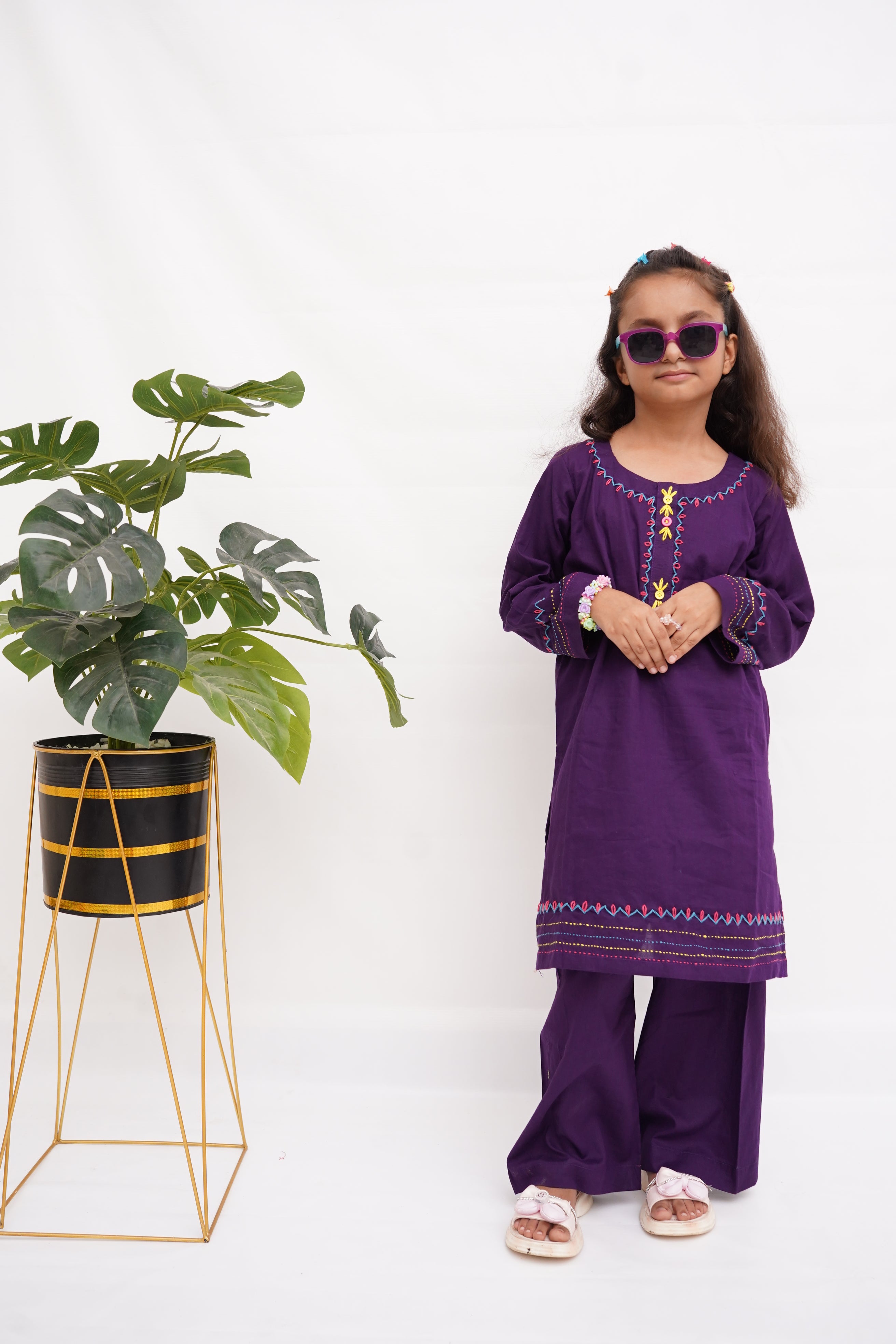 Girls Hand Embrioded Co-ord  Set - Voilet
