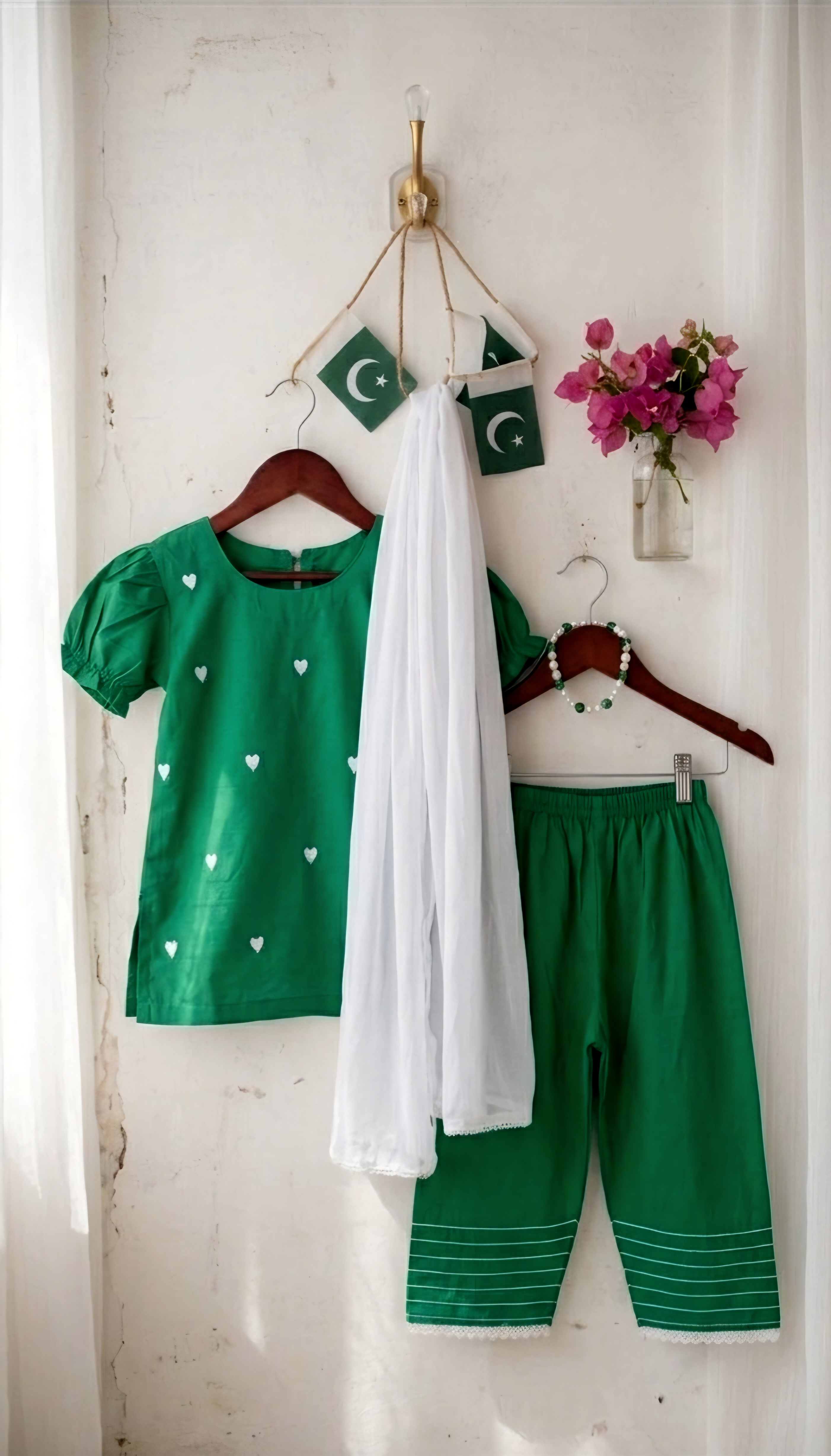 Girls Green Embroidered Suit 3pc