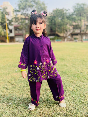 Girls Khaddar Hand Embroided 2pc - Purple
