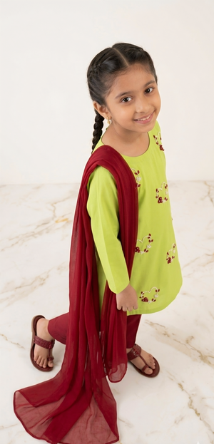 Girls Lime Green Hand Embroided Set 3pc
