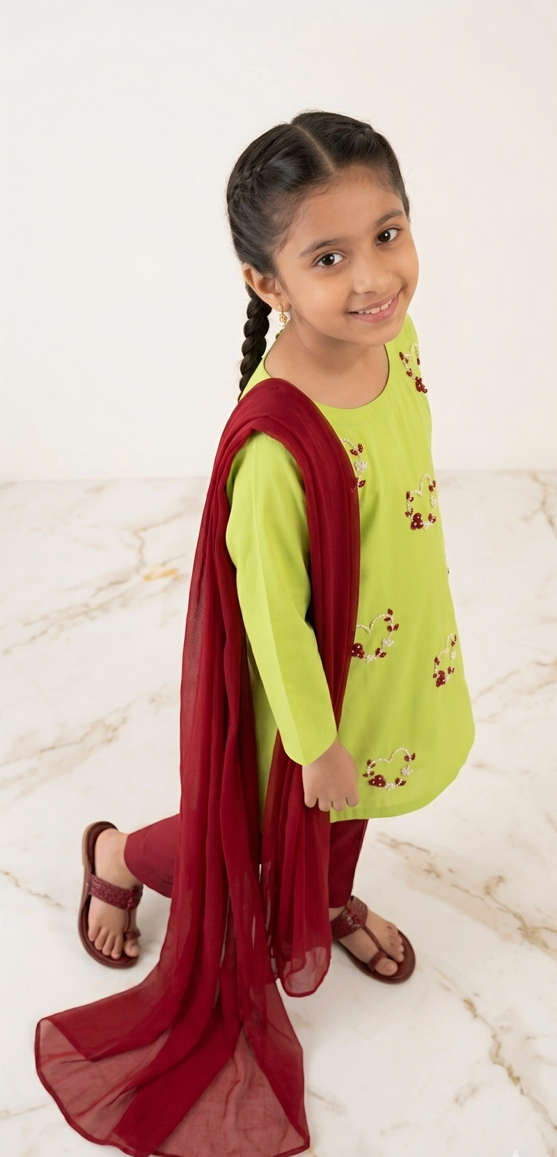 Girls Lime Green Hand Embroided Set 3pc