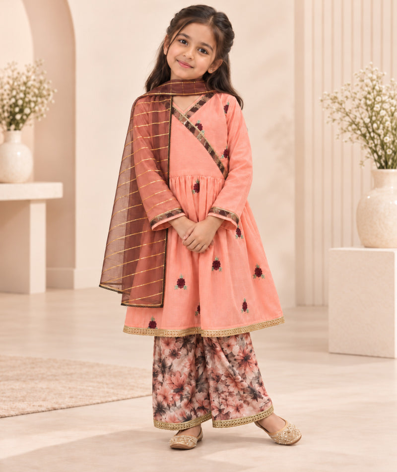 Girls Peach Blossom Angrakha Set - 3pc