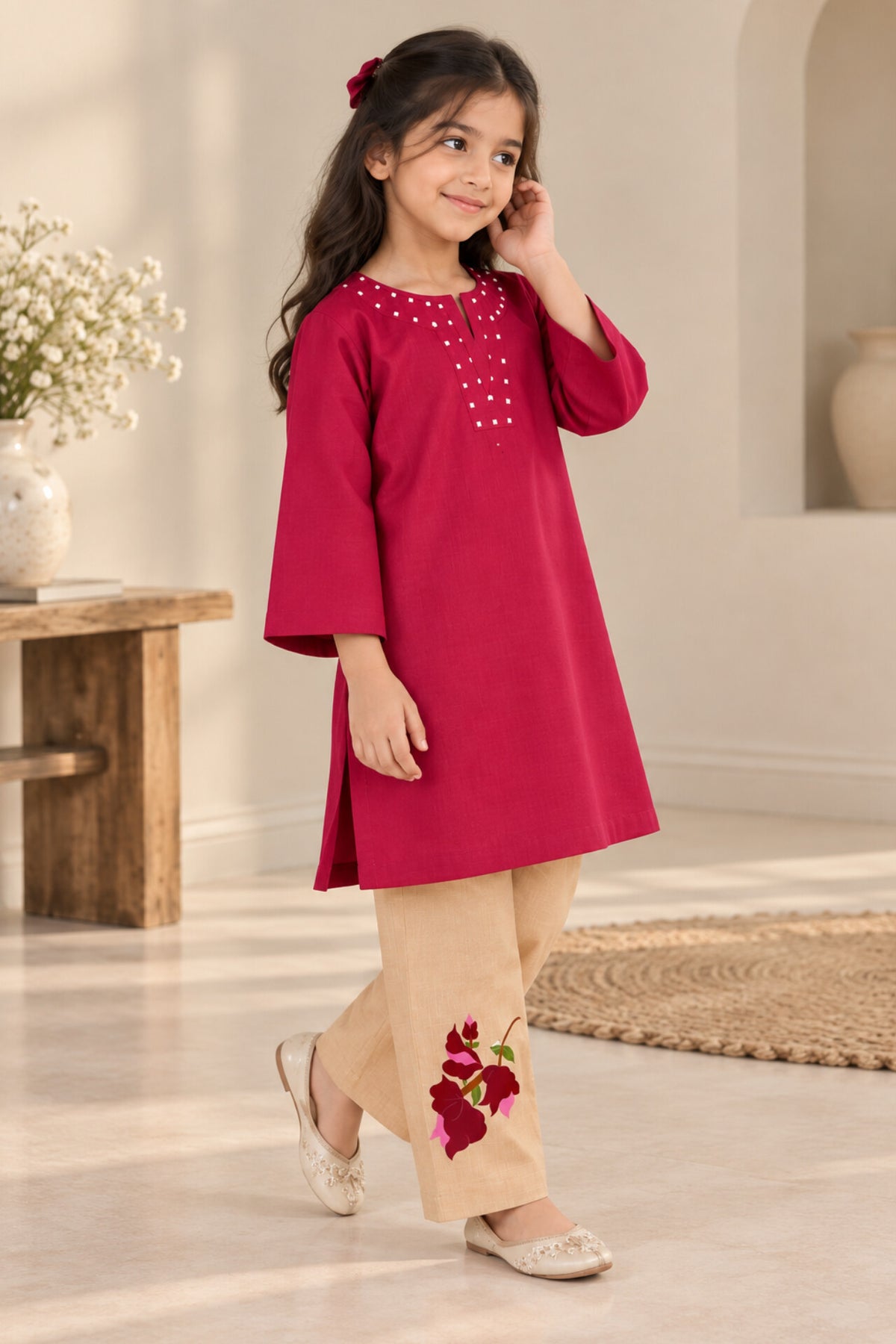 Girls Raspberry Pink Khaddar 2pc Set