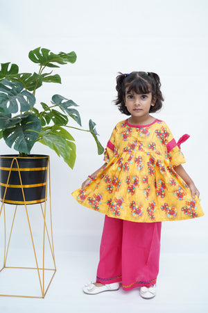 Girls Printed Flower Frock Set - Yellow