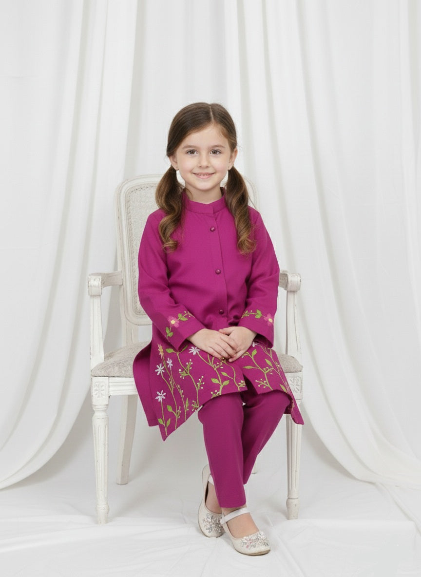 Girls Khaddar Hand Embroided 2pc - Margenta