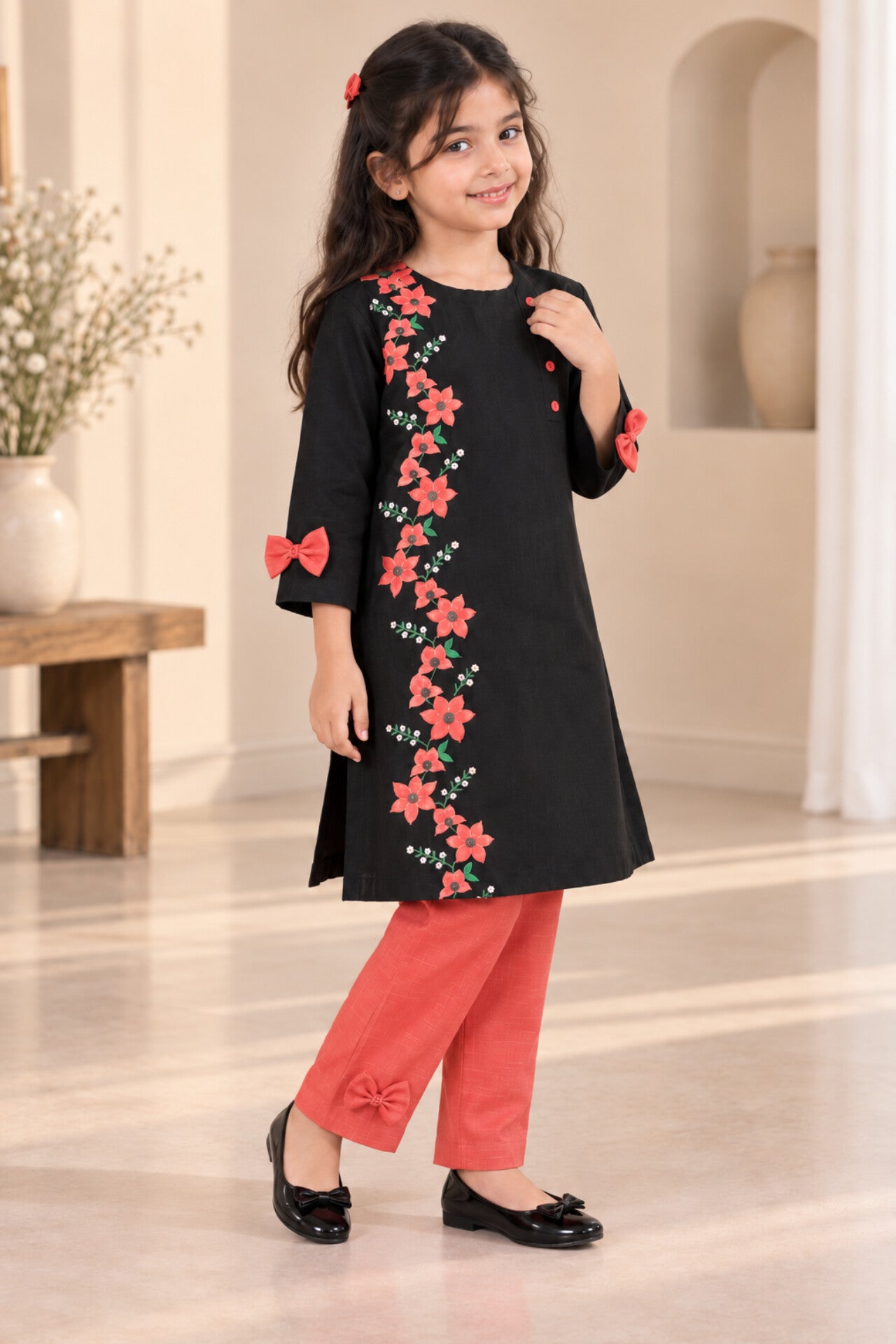 Girls Coral Red Flowers Khaddar 2pc Set