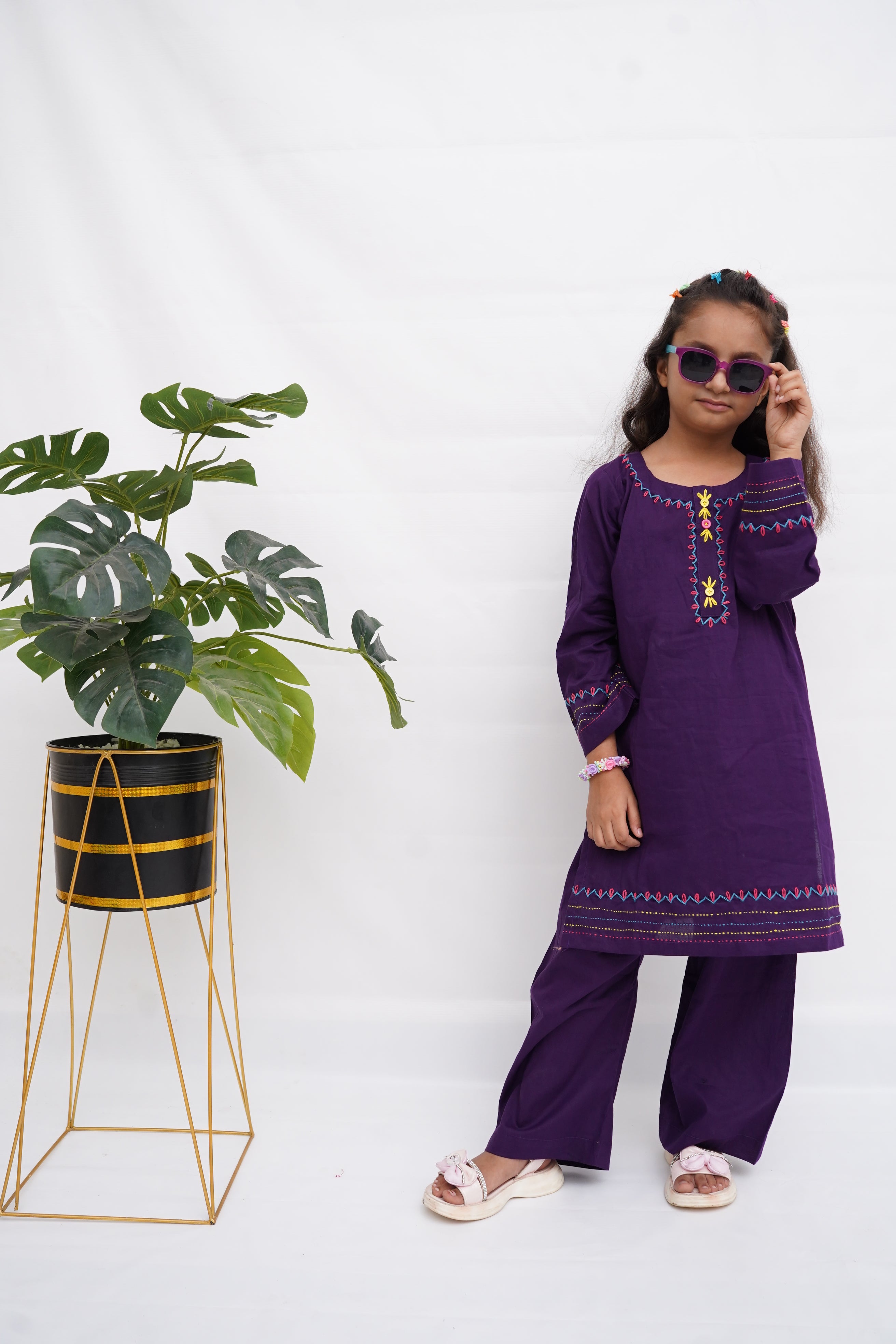 Girls Hand Embrioded Co-ord  Set - Voilet