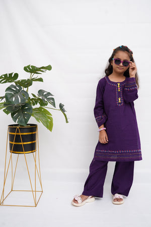 Girls Hand Embrioded Co-ord  Set - Voilet