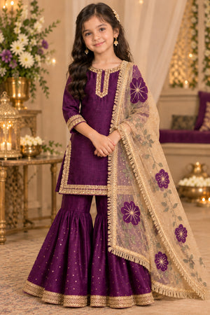 Girls Sequence work Gharara Suit - Purple