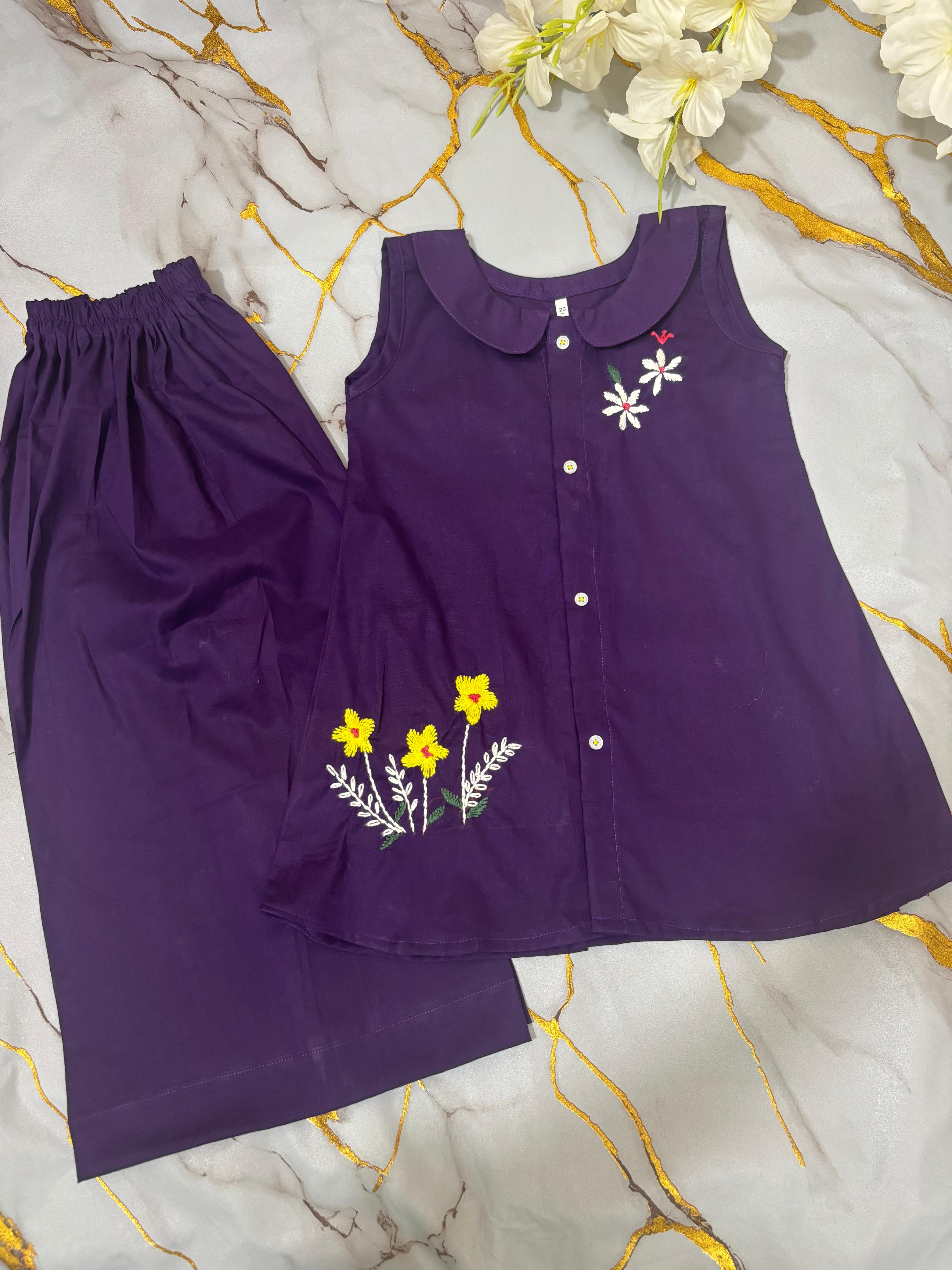 Girls Purple Embroided Frock Set 2pc