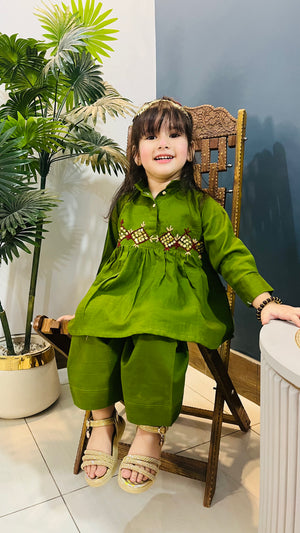 Girls Khaddar Hand Embroided Frock Set 2pc - Olive Green