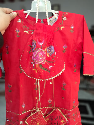 Girls Hand Painted Gharara Set - Red