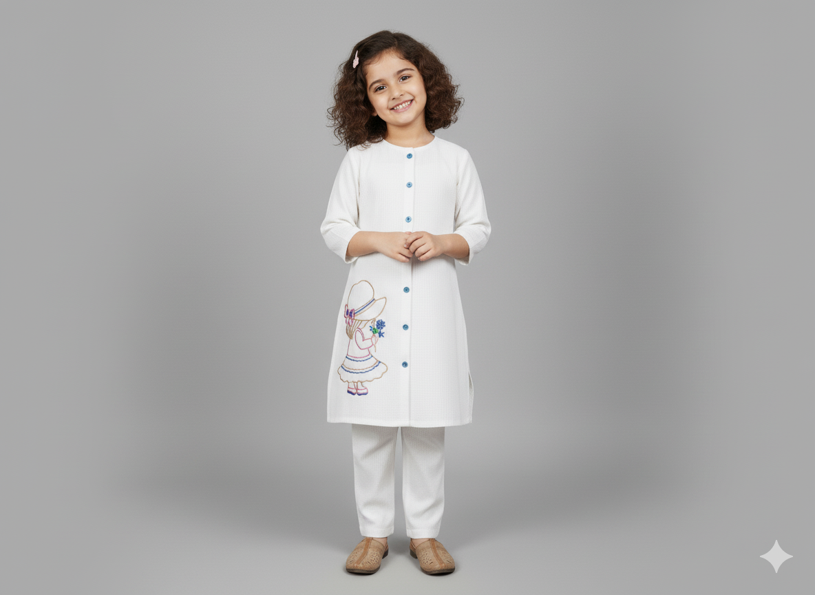 Girls Khaddar Doll Embroided Co-ord Set 2pc - White
