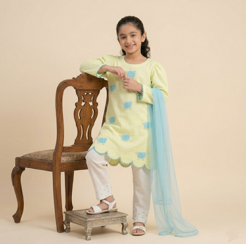 Girls Lime Sheep Embellished Set - 3pc