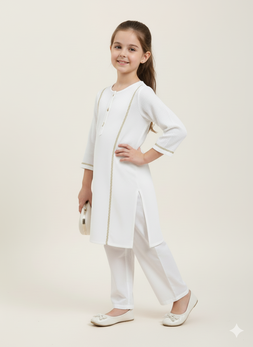 Girls Khaddar Solid Embellished Suit 2pc - White