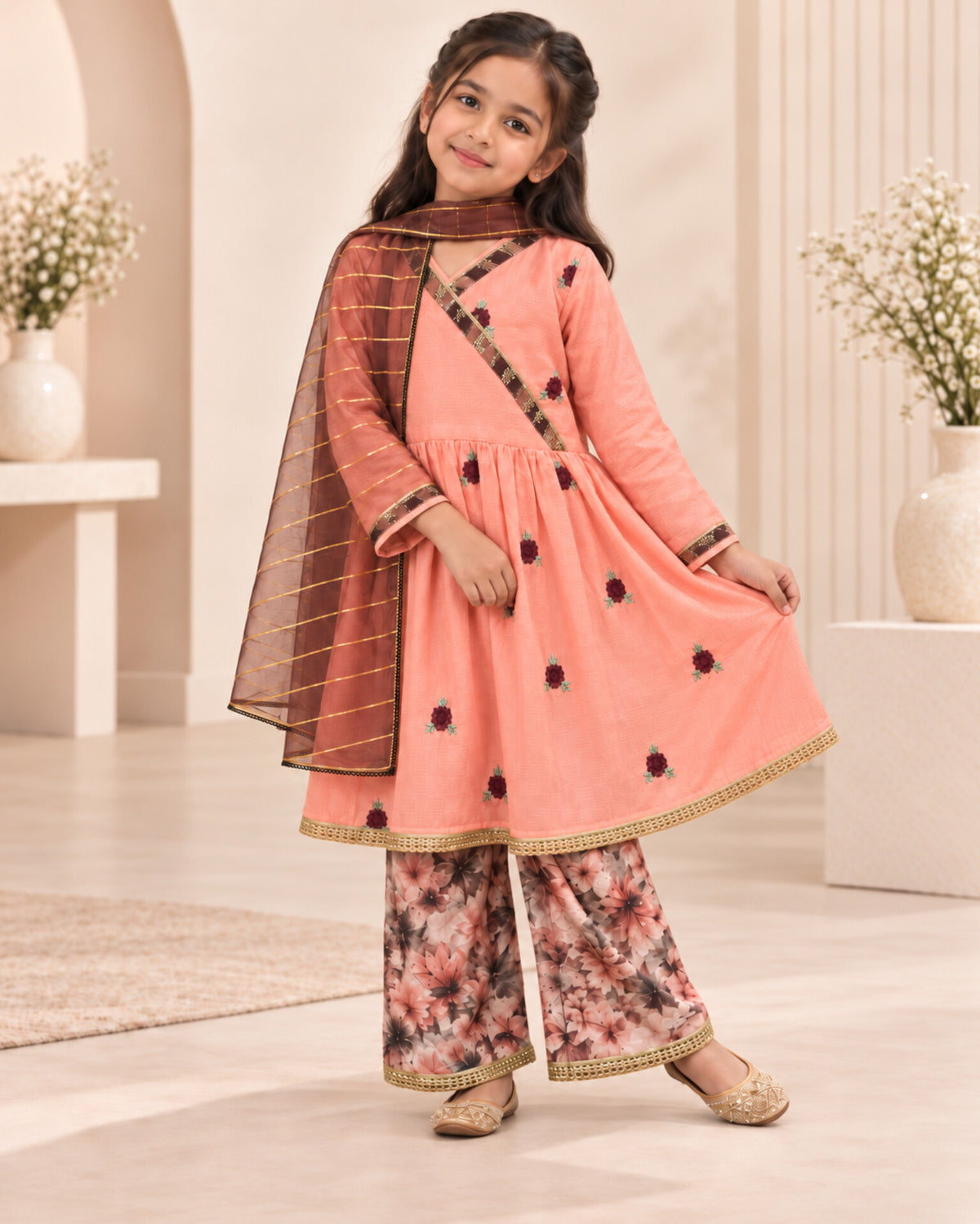 Girls Peach Blossom Angrakha Set - 3pc