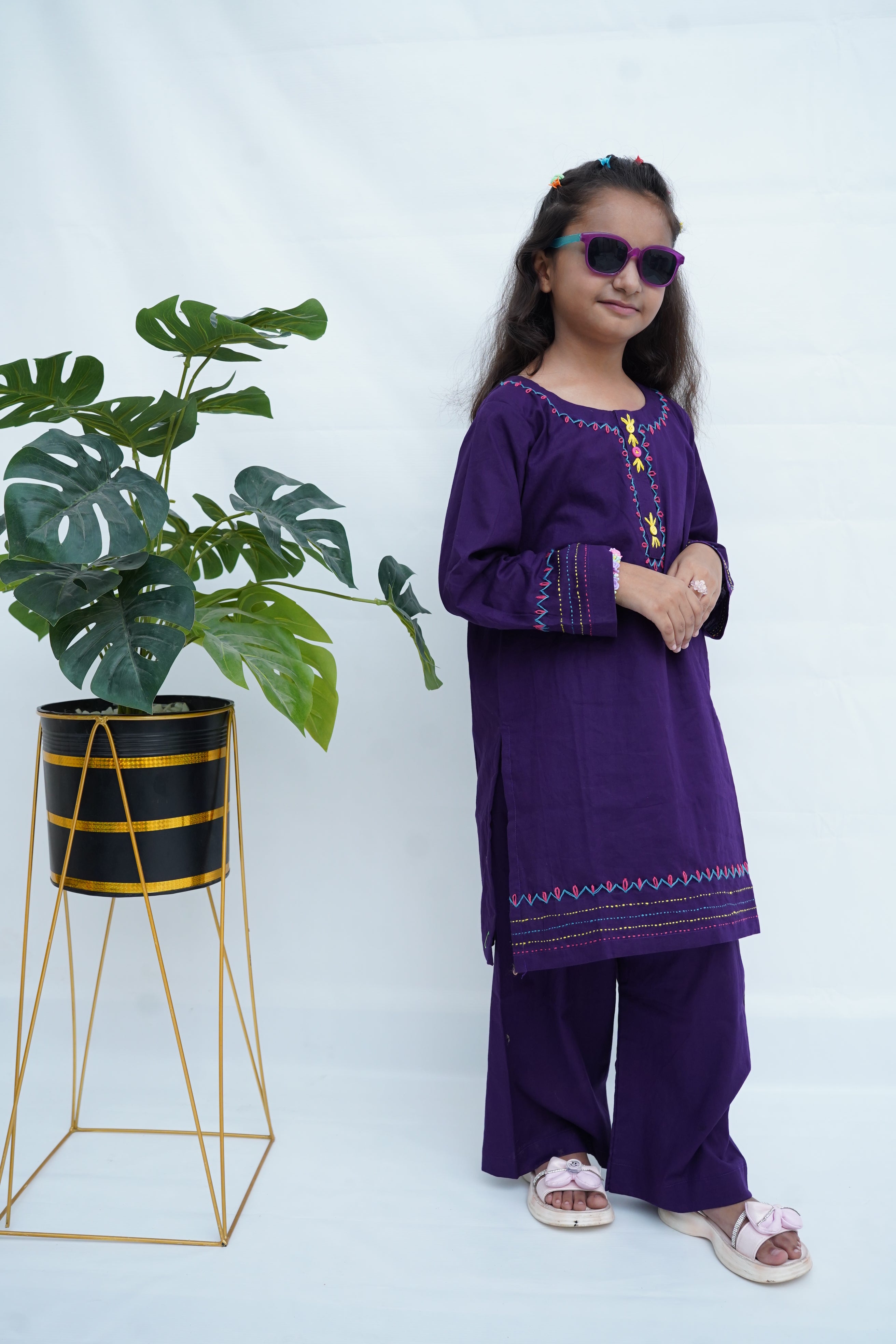 Girls Hand Embrioded Co-ord  Set - Voilet