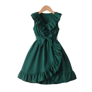 Girls Long Frill Frock - Green