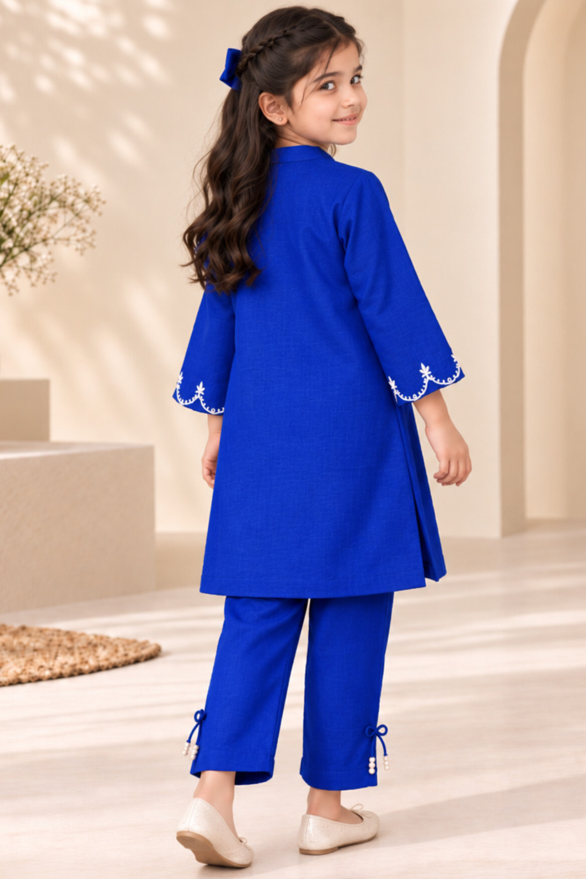 Girls Royal Blue Embroided Khaddar Co-ord Set