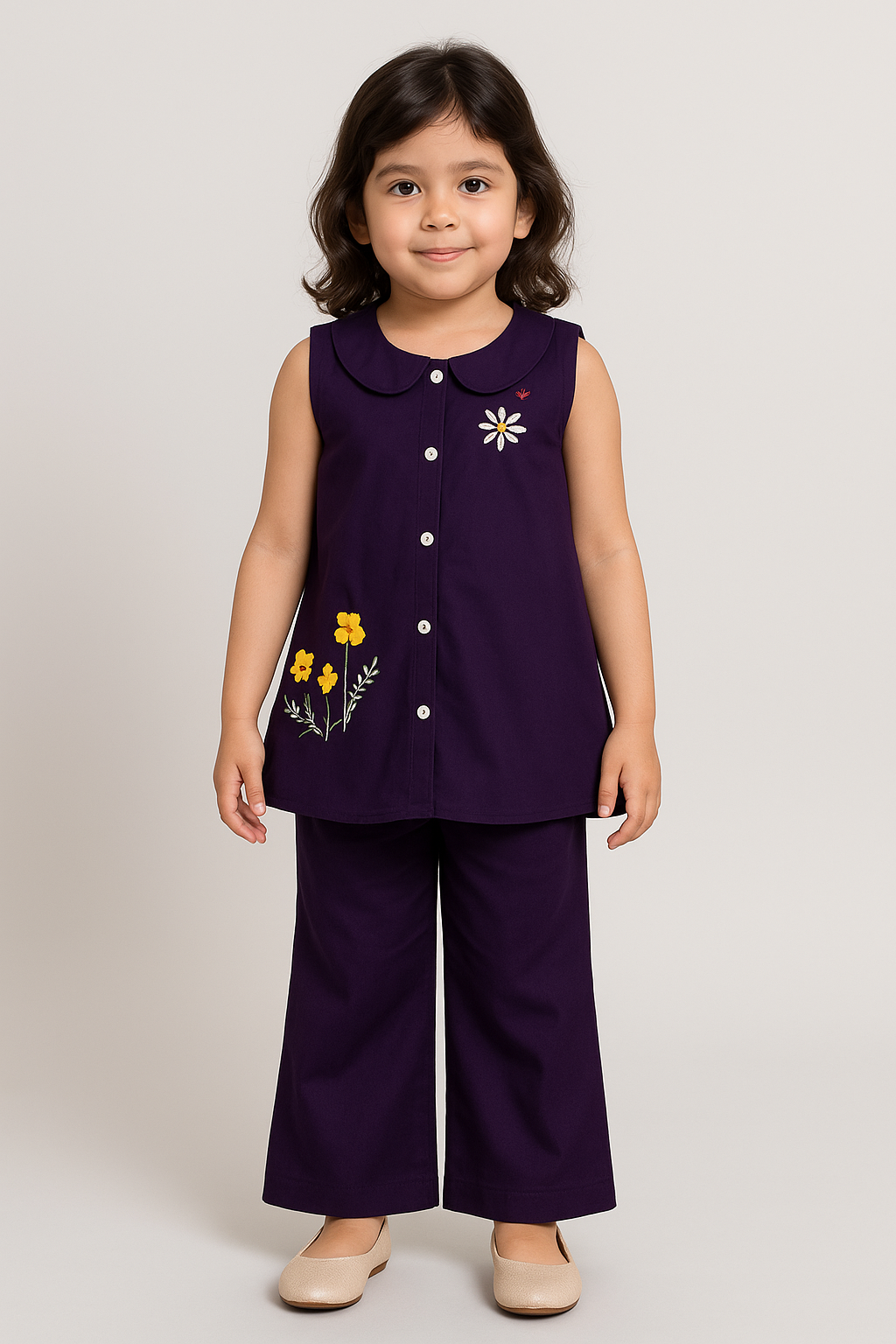 Girls Purple Embroided Frock Set 2pc