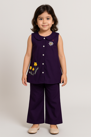 Girls Purple Embroided Frock Set 2pc
