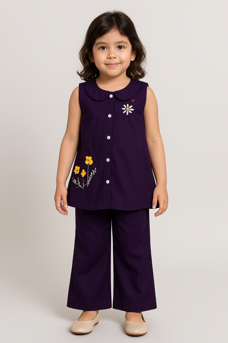 Girls Purple Embroided Frock Set 2pc