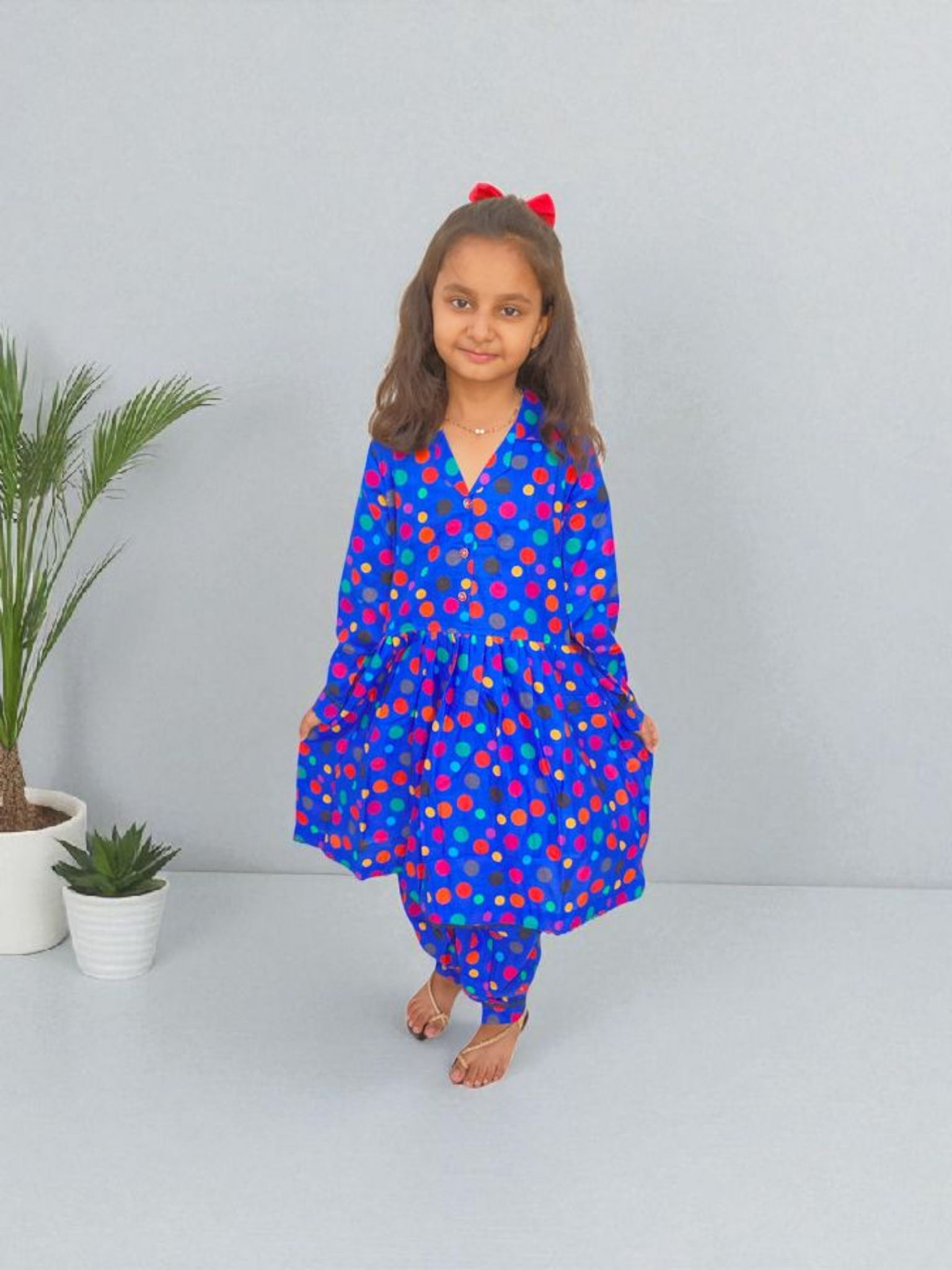 Girls Digital Print Lawn Suit 2pc - Blue Polkadot