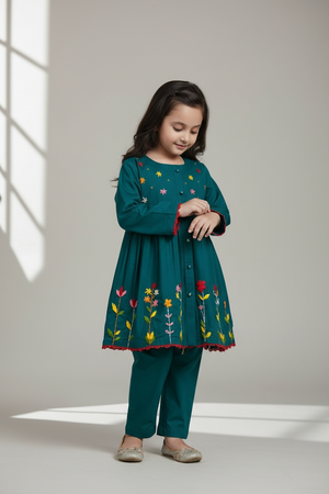 Girls Embroided Frock Set - Teal