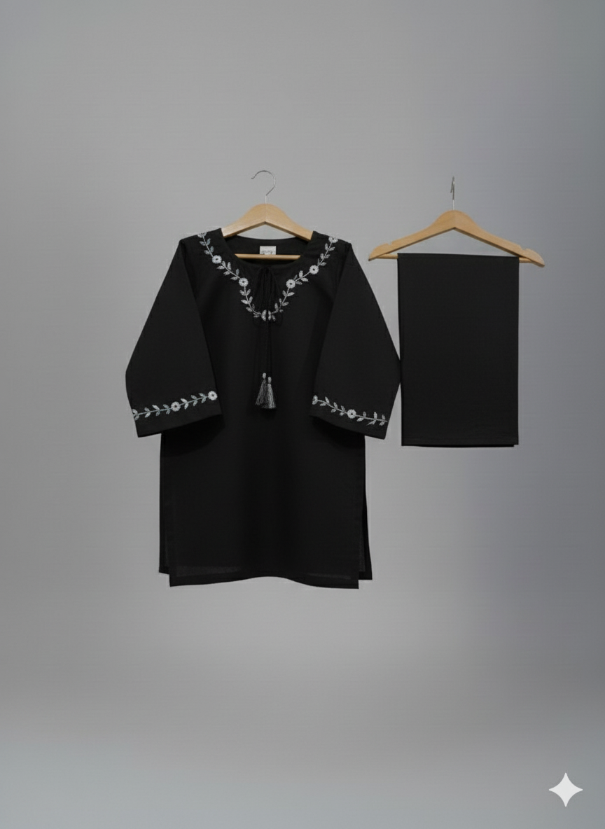 Girls Khaddar Hand Embroided Suit 2pc - Black