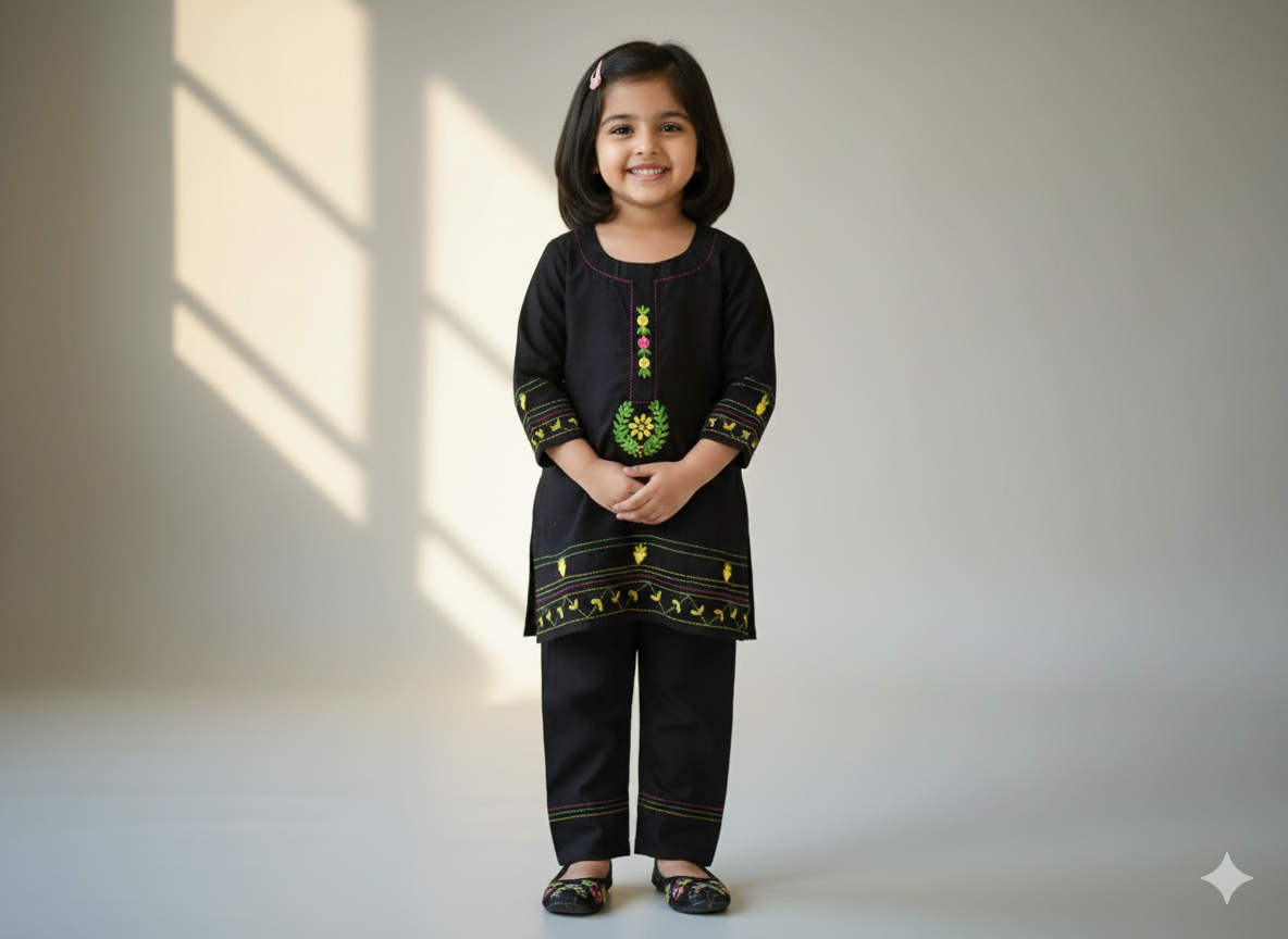 Girls Khaddar Hand Embrioded Co-ord  Set - Black