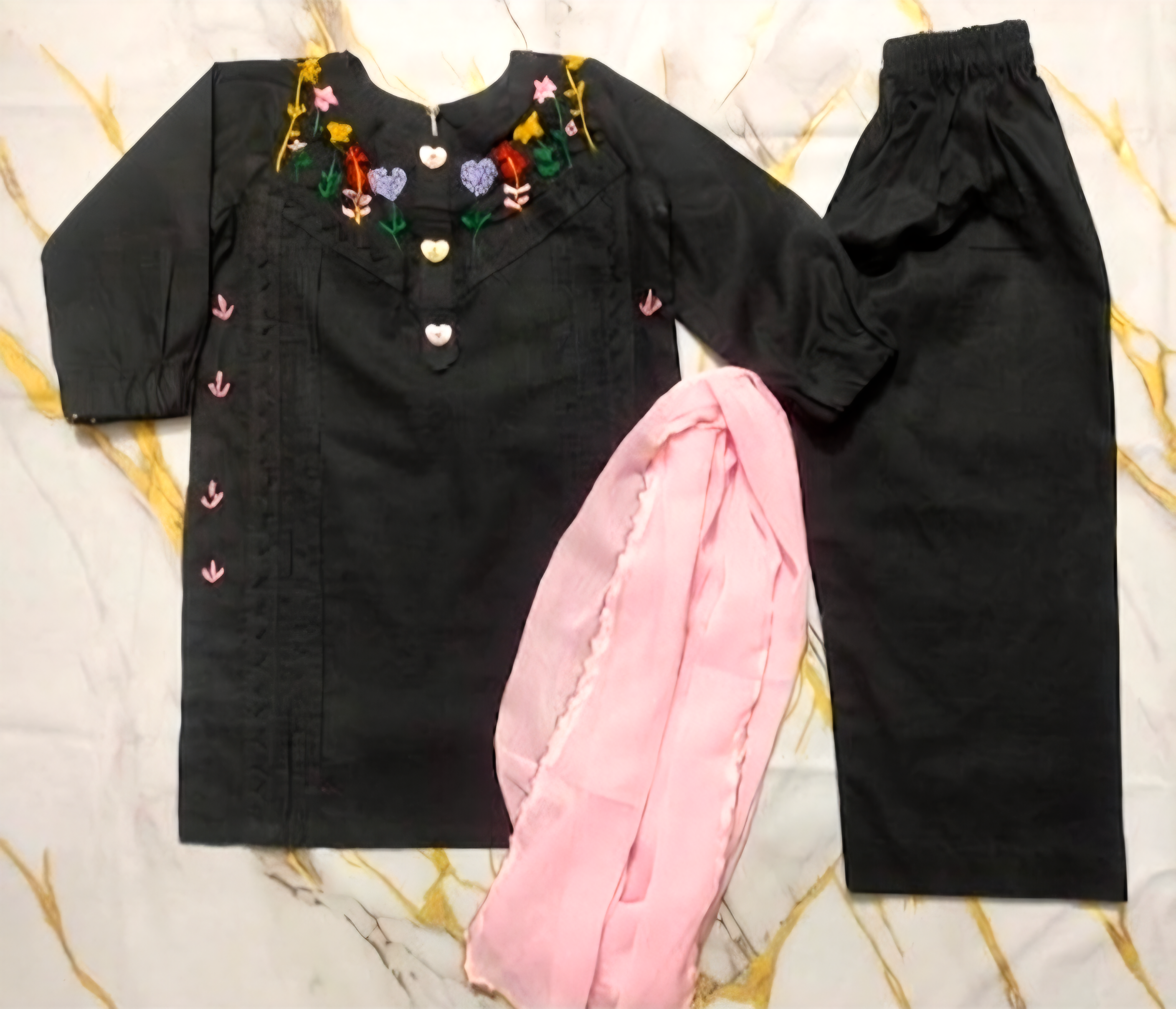 Girls Pink Floral Embroided Suit 3pc