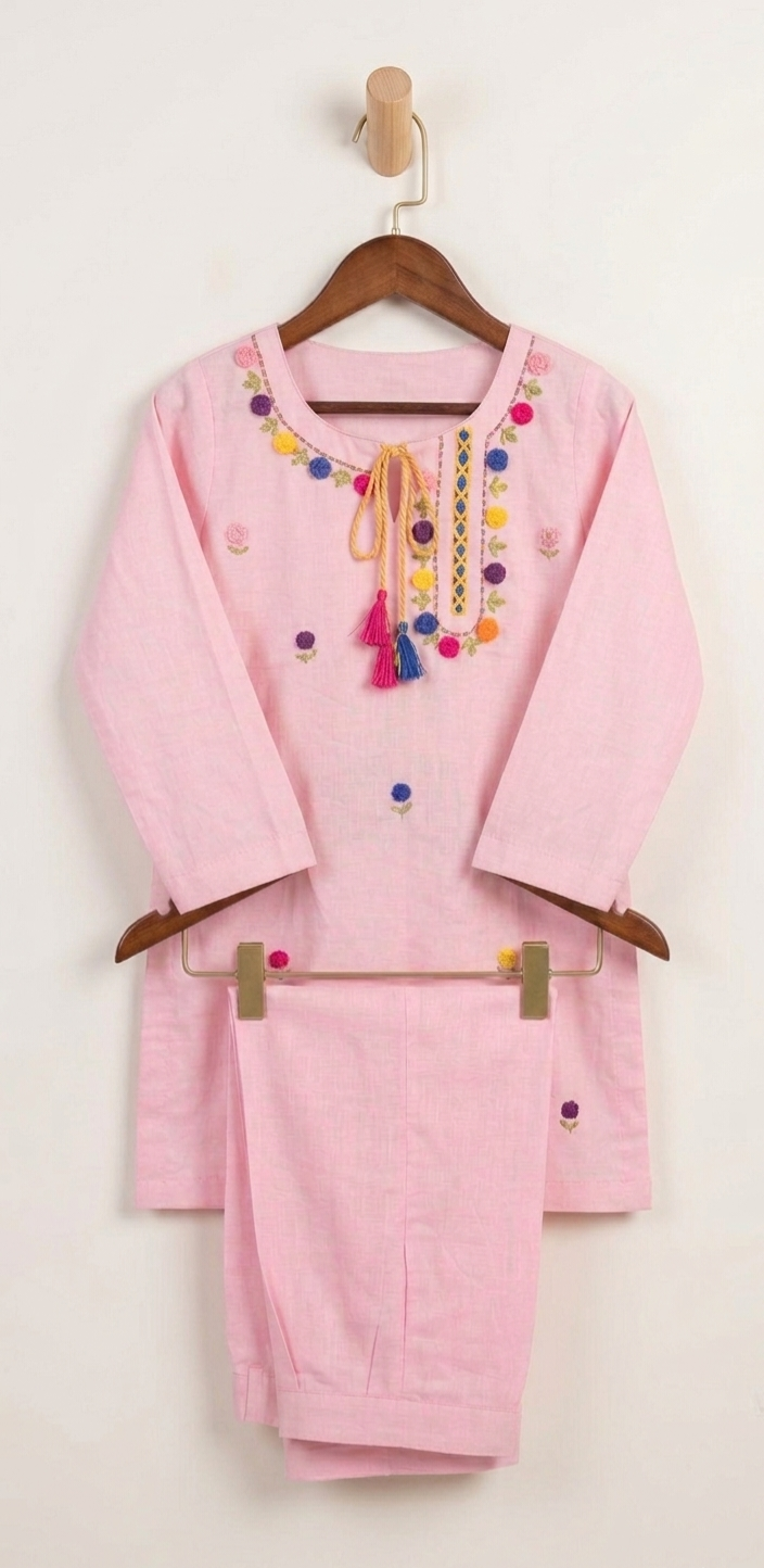 Girls Baby Pink Hand Embroided Set 2pc
