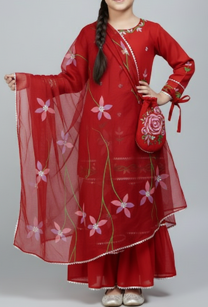 Girls Hand Painted Gharara Set - Red