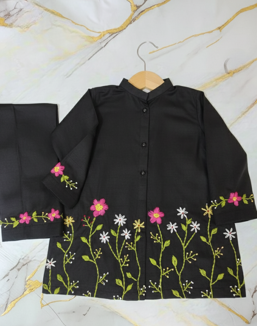 Girls Khaddar Hand Embroided 2pc - Black
